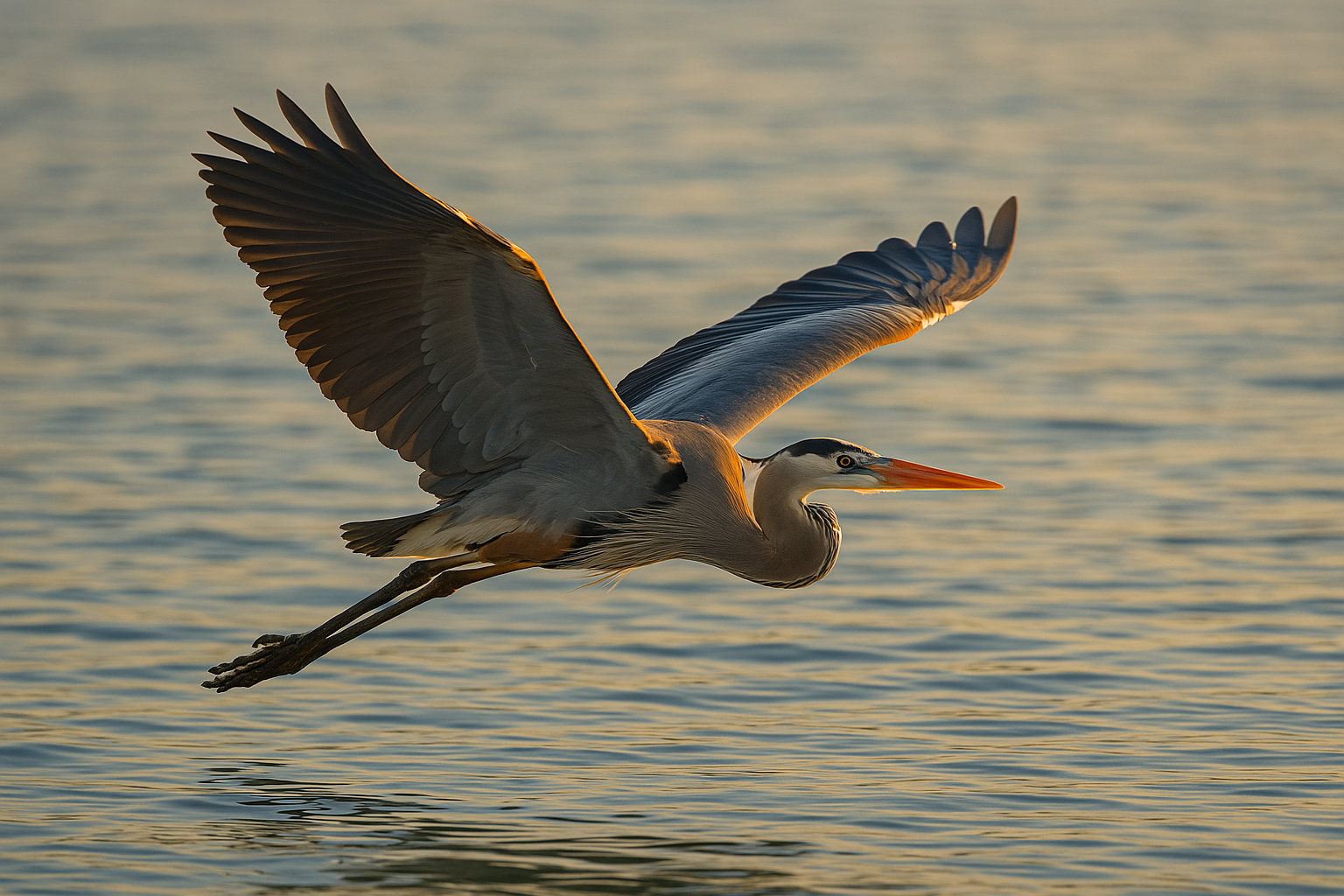 An AI generated image of a Blue Heron in flight of water.
