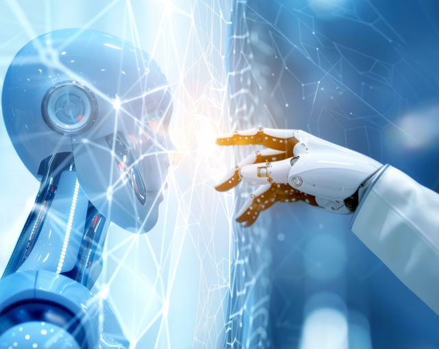 A futuristic image of a robot inside a a web with a a gloved arm reaching toward the web trying to penetrate the veil.