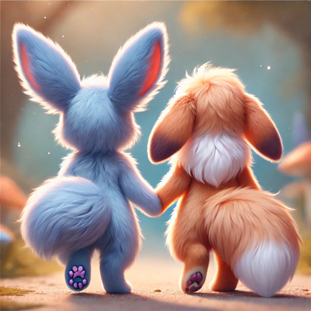 Two fluffy, whimsical forest creatures walk hand in hand down a soft woodland path, symbolizing connection, support, and quiet companionship on the founder’s journey.