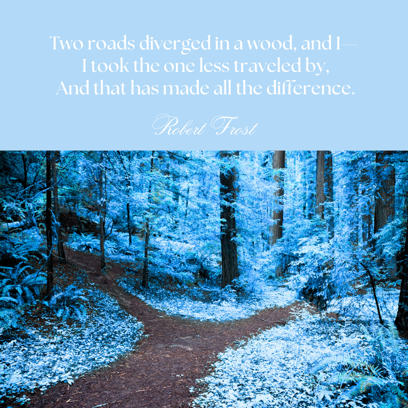 A forest scene with two dirt paths diverging in different directions, symbolizing choice. The image is tinted in cool blue tones, with a Robert Frost quote above: “Two roads diverged in a wood, and I—I took the one less traveled by, And that has made all the difference.”